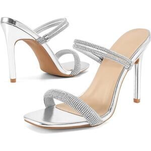 Reimferce Womens Size 6 Silver Rhinestone 4.5" Stiletto Heel Open Toe Shoes